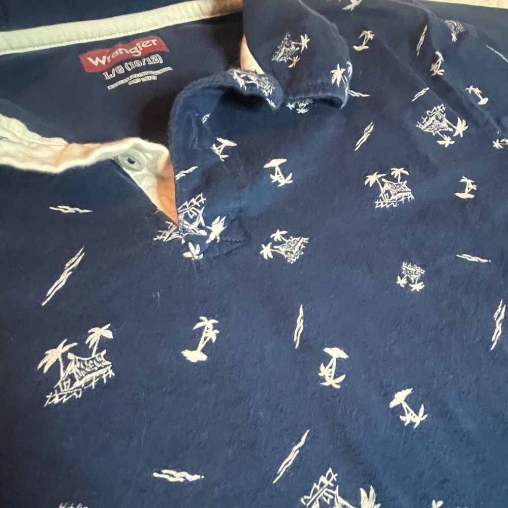 Wrangler Polo Shirt Boys Blue Tropical Palm Tree Collared Beach Cotton Large - Picture 3 of 6